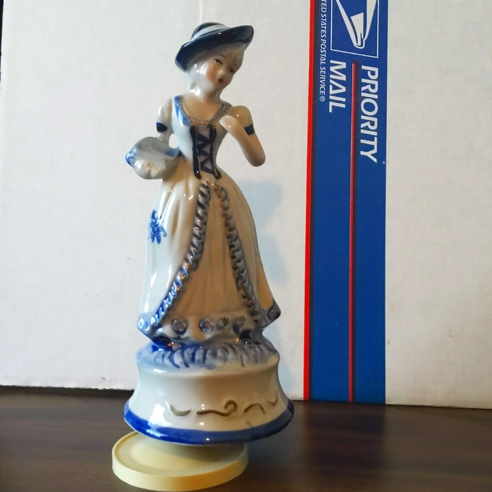 Vintage Blue and White Musical Colonial Female Figure